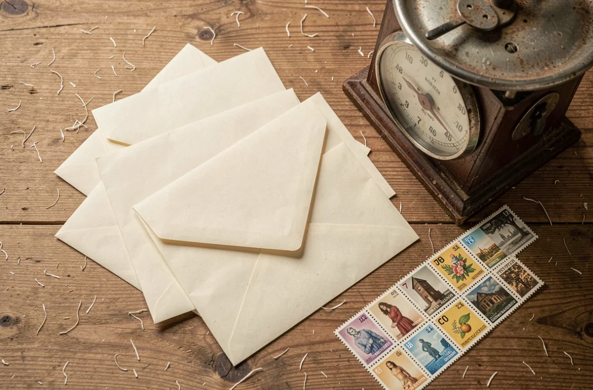 Enveloppes de différents formats posées sur un bureau en bois à côté d'une balance postale et de timbres pour illustrer les règles de poids et d'affranchissement