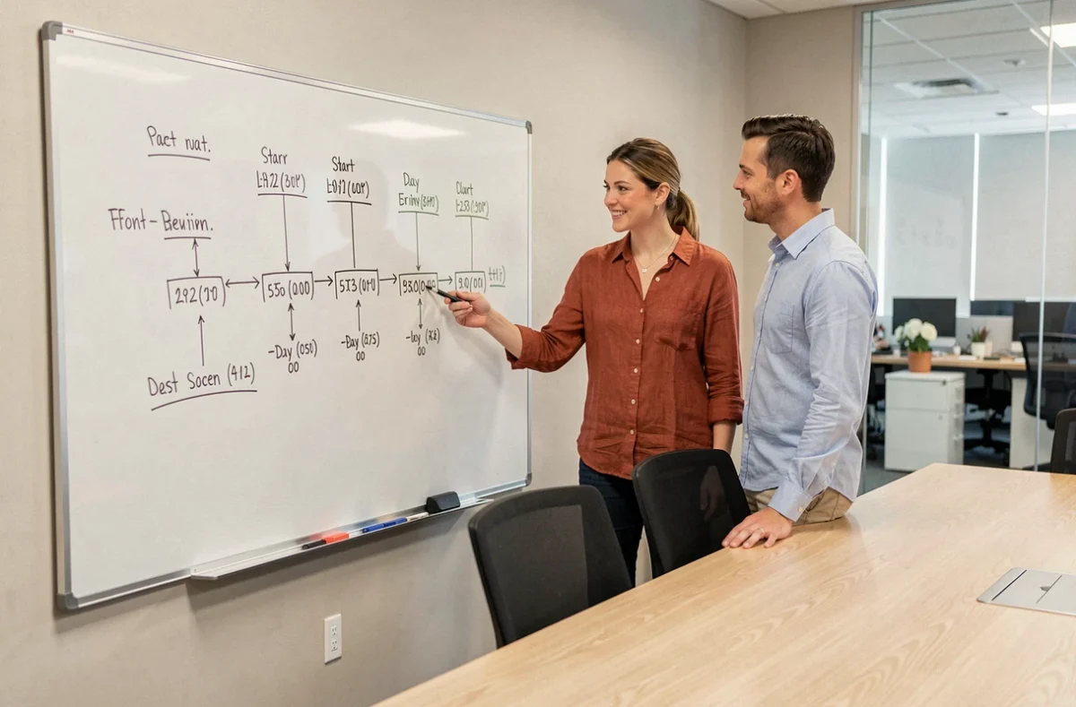 Deux collègues planifiant les délais d'un projet en annotant une frise chronologique sur un tableau blanc en salle de réunion