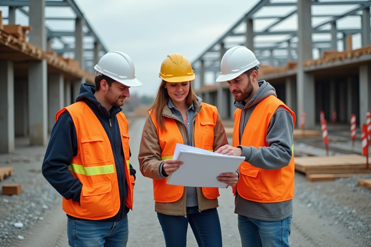 Groupe de trois personnes discutant sur un chantier de construction