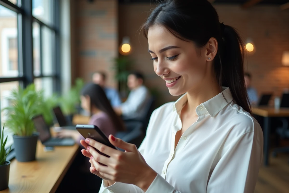 Femme consultant son smartphone affichant une erreur de connexion dans un espace de co-working moderne