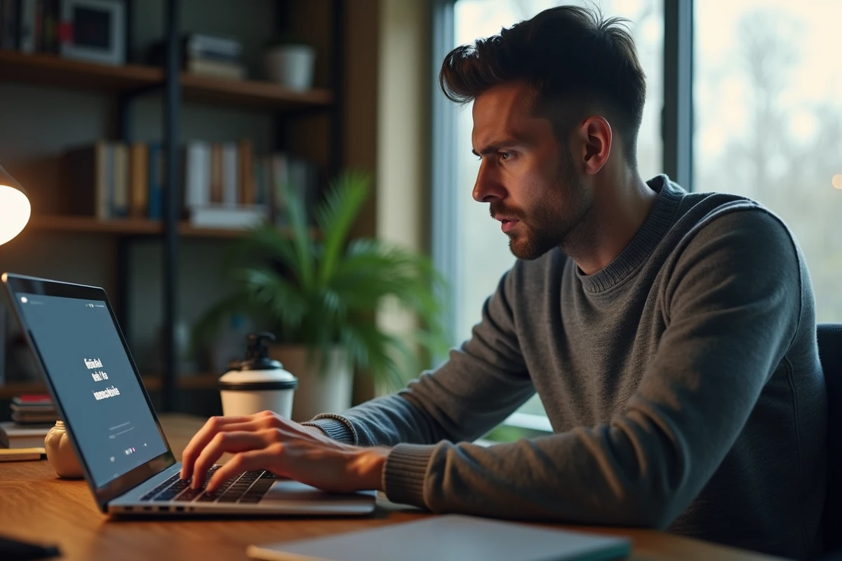Homme frustré face à un écran d'erreur de site web indisponible dans un bureau à domicile