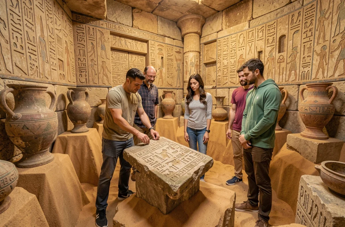 Groupe de participants déchiffrant des énigmes dans le cadre thématique d'Escape Time Lille