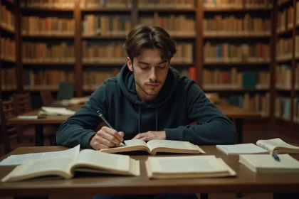 Étudiant en philosophie lisant un texte de Hobbes sur l'homme est un loup pour l'homme dans une bibliothèque universitaire