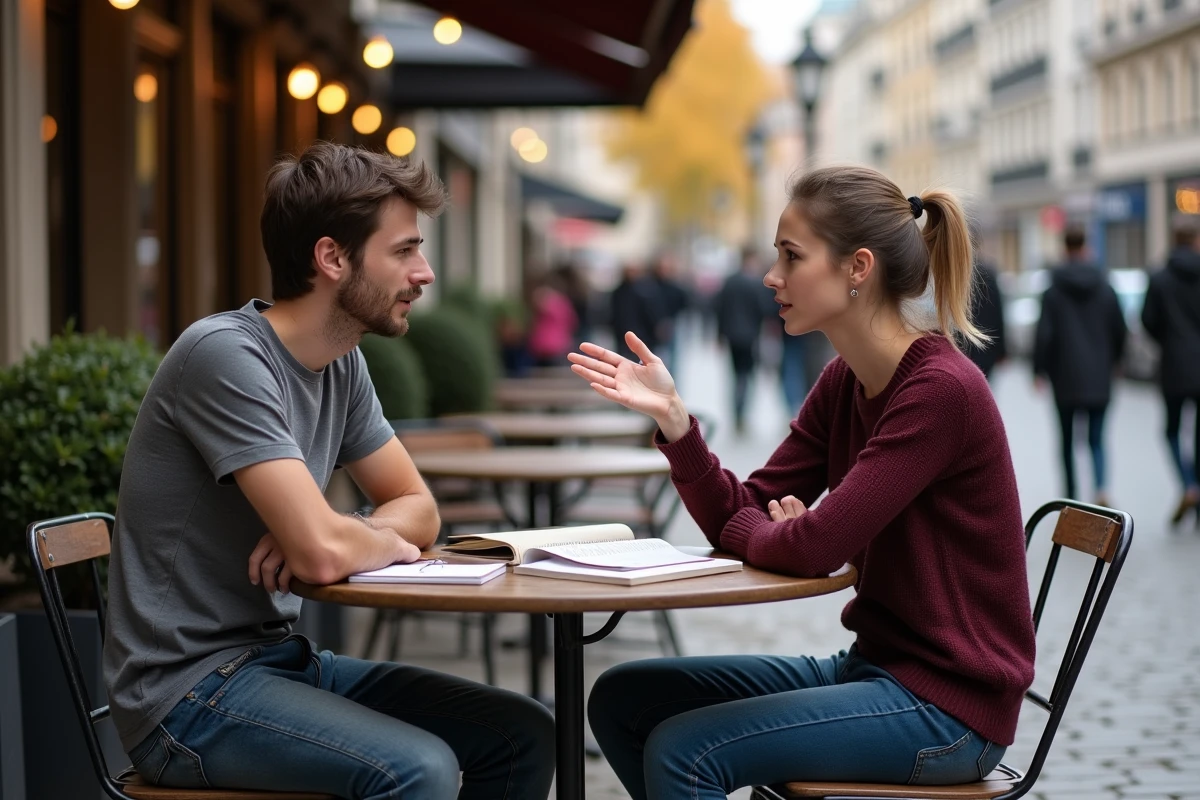 Deux étudiants débattant d'une analyse de texte philosophique sur la nature humaine autour d'un café en terrasse