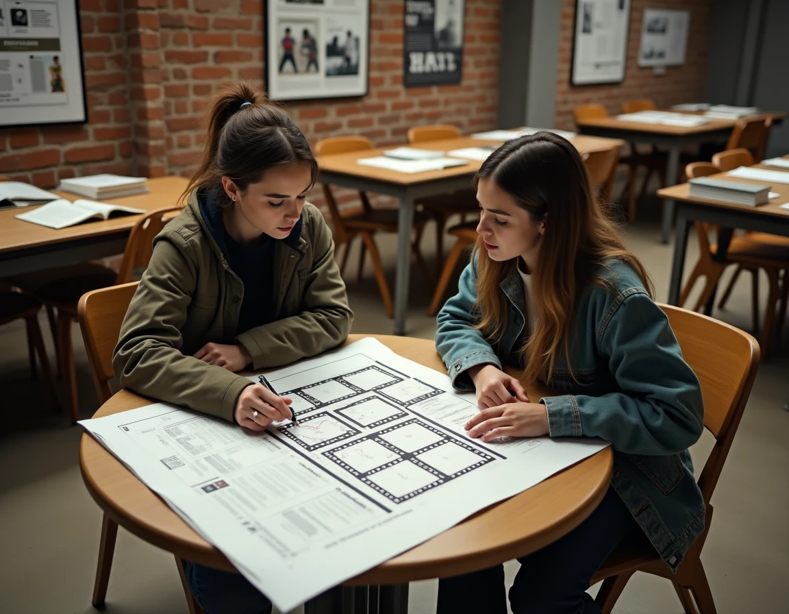 Étudiants en cinéma analysant des compositions de cadrage sur une table dans une salle de cours d'une école de cinéma