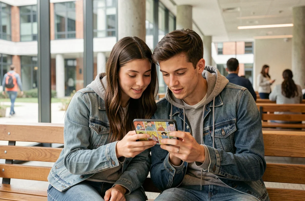 Deux étudiants lisant ensemble des mangas gratuits sur smartphone dans un espace universitaire