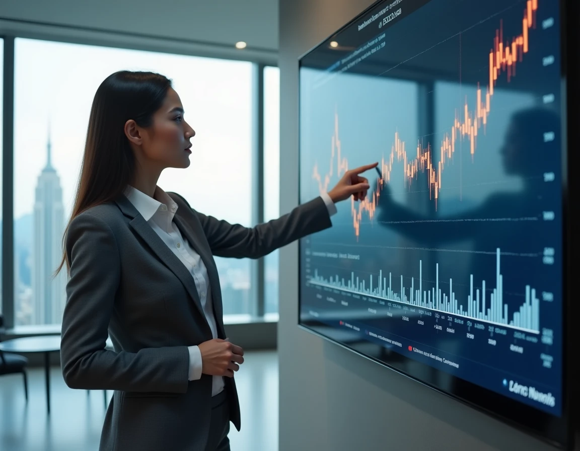 Analyste financière présentant des données de performance boursière sur écran numérique en salle de conférence