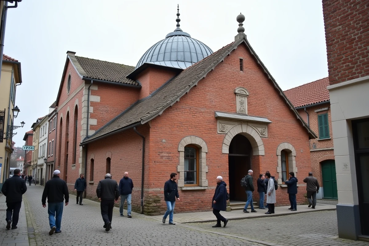 Façade d'une mosquée en briques rouges à Roubaix avec des fidèles se dirigeant vers l'entrée pour la prière