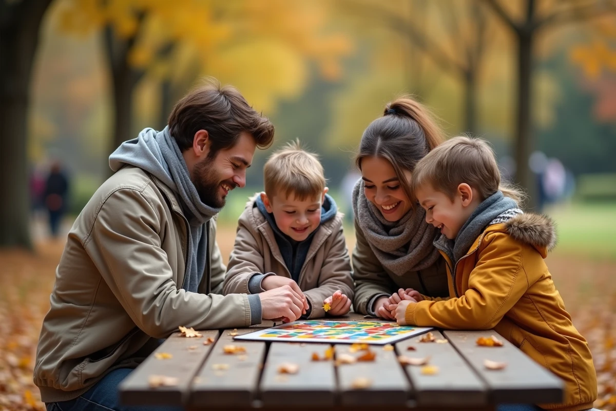 Famille jouant à un jeu de société dans un parc en automne