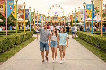 Famille se promenant dans un parc d'attractions coloré lors d'une visite en été
