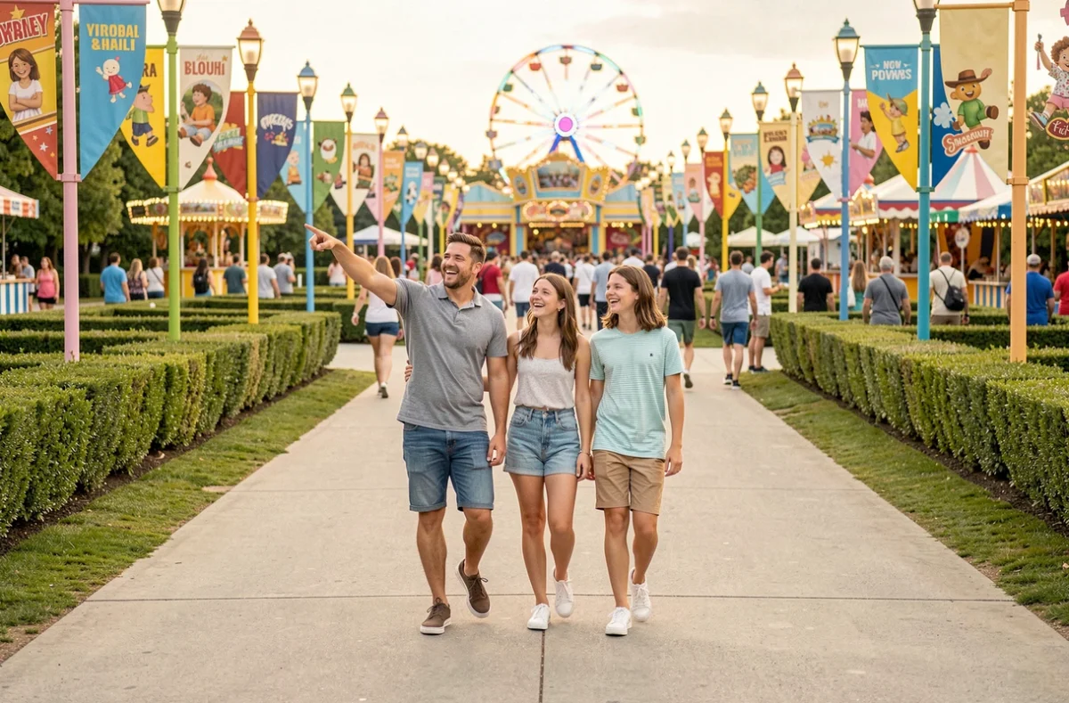Famille se promenant dans un parc d'attractions coloré lors d'une visite en été