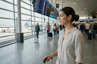 Femme consultant les départs dans un aéroport international en 2026, interrogeant les prix des vols pendant les jours fériés