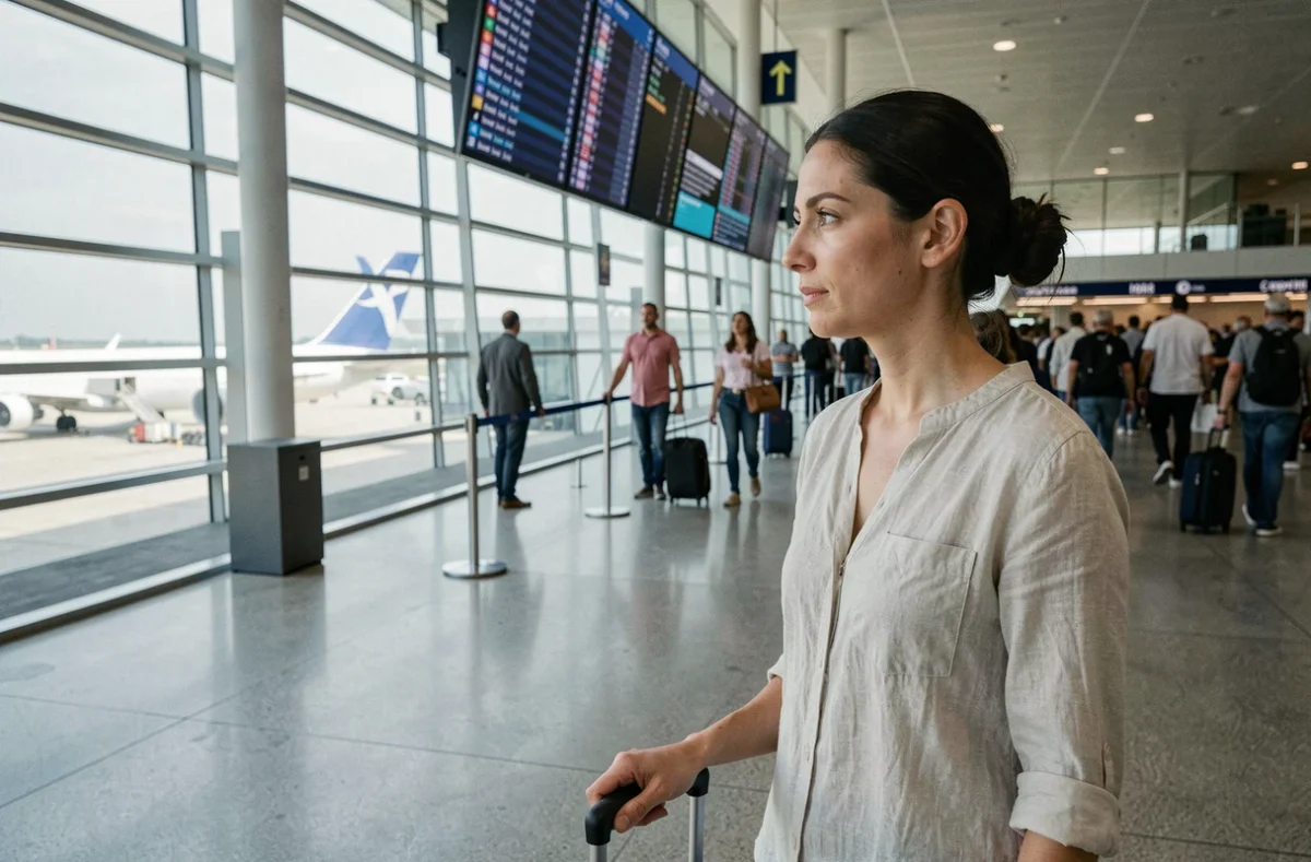 Femme consultant les départs dans un aéroport international en 2026, interrogeant les prix des vols pendant les jours fériés