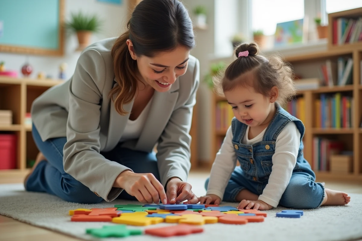 Femme aidant un enfant à faire un puzzle dans une classe
