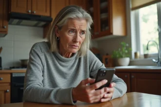 Femme regardant un numéro inconnu 33 3 77 sur son smartphone avec une expression préoccupée