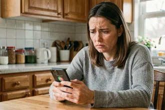 Femme inquiète regardant un appel suspect sur son téléphone dans une cuisine