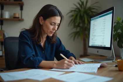 Femme au bureau consultant des documents imprimés pour rassembler des preuves de harcèlement professionnel
