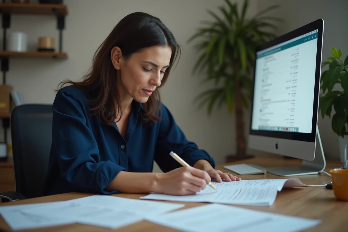 Femme au bureau consultant des documents imprimés pour rassembler des preuves de harcèlement professionnel