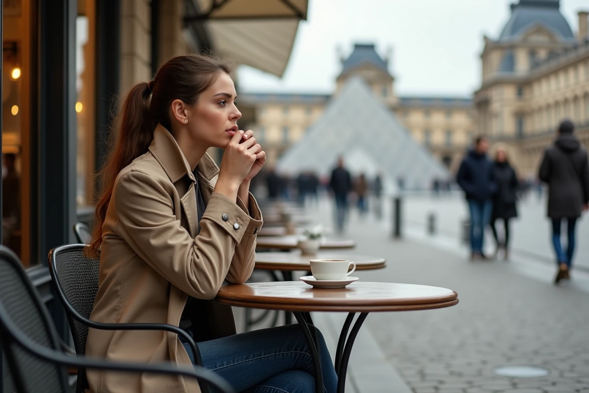 Femme assise au café avec vue sur le Louvre