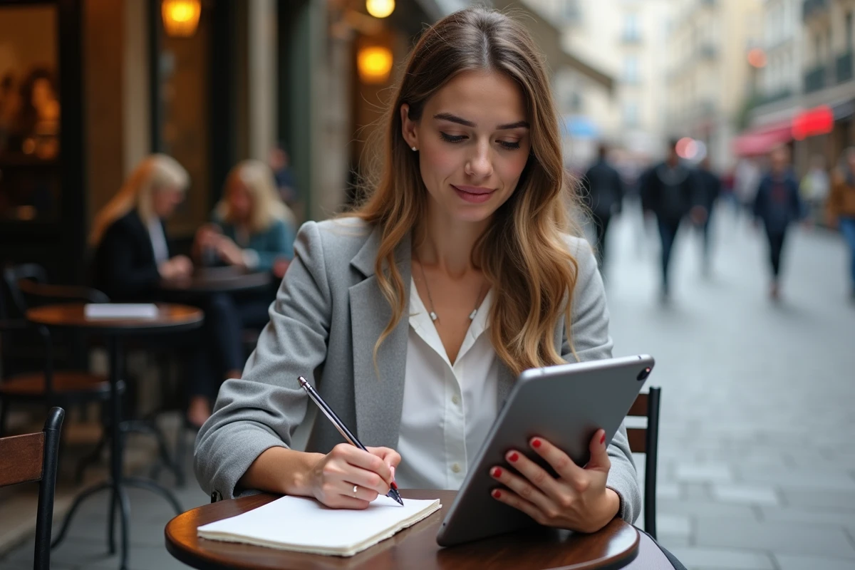 Jeune femme française consulte une tablette en terrasse de café
