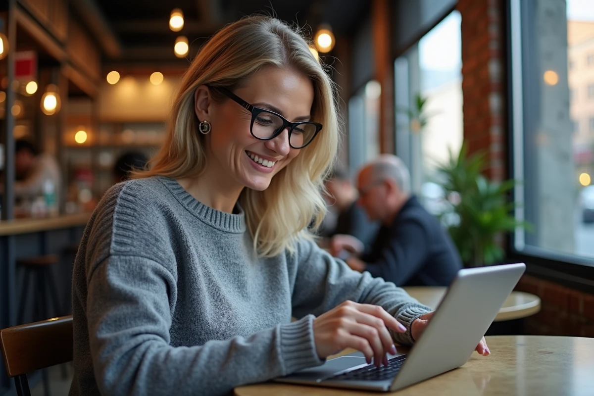 Femme dans un café configurant un VPN sur sa tablette