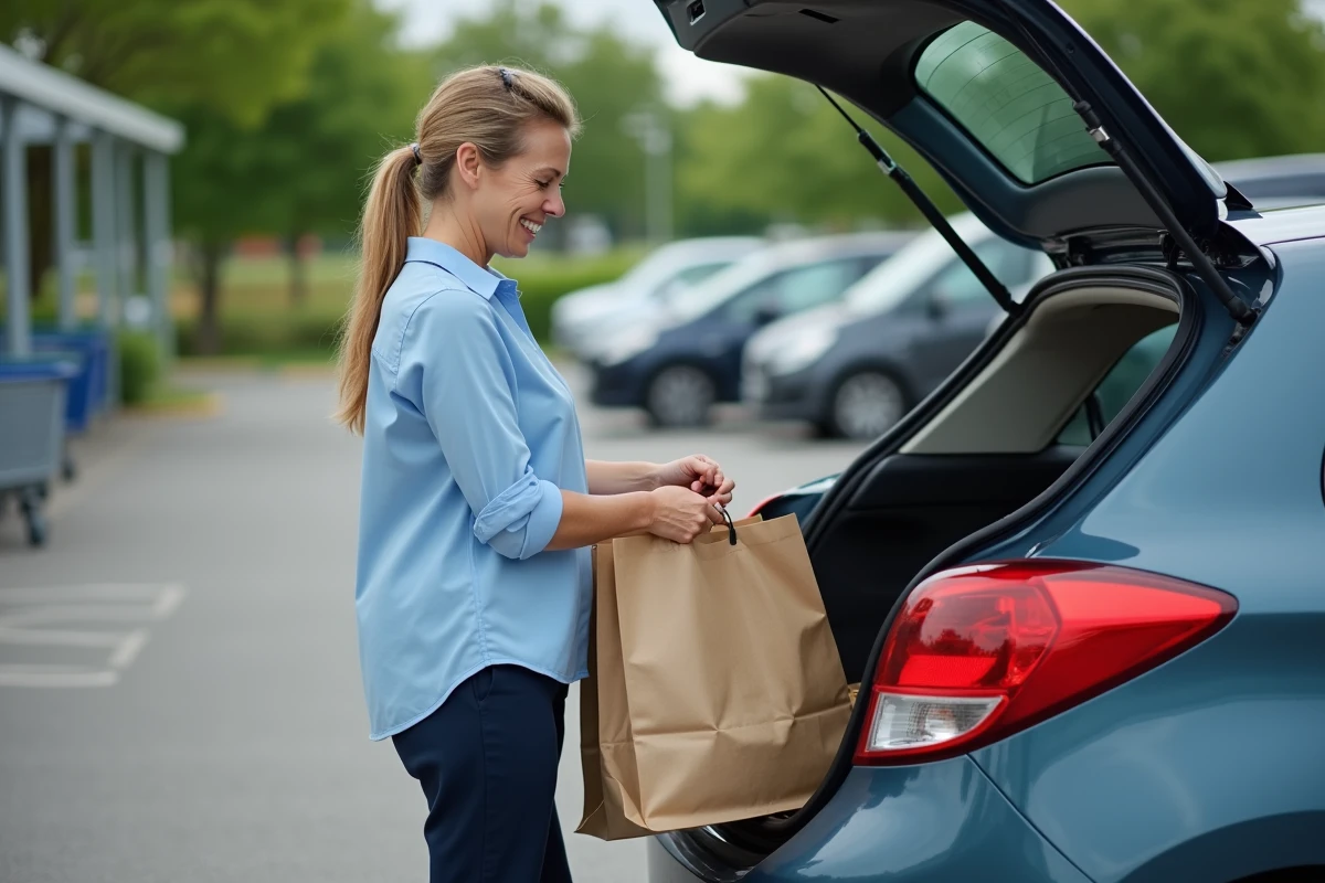 Femme chargeant sacs dans coffre de sa voiture compacte