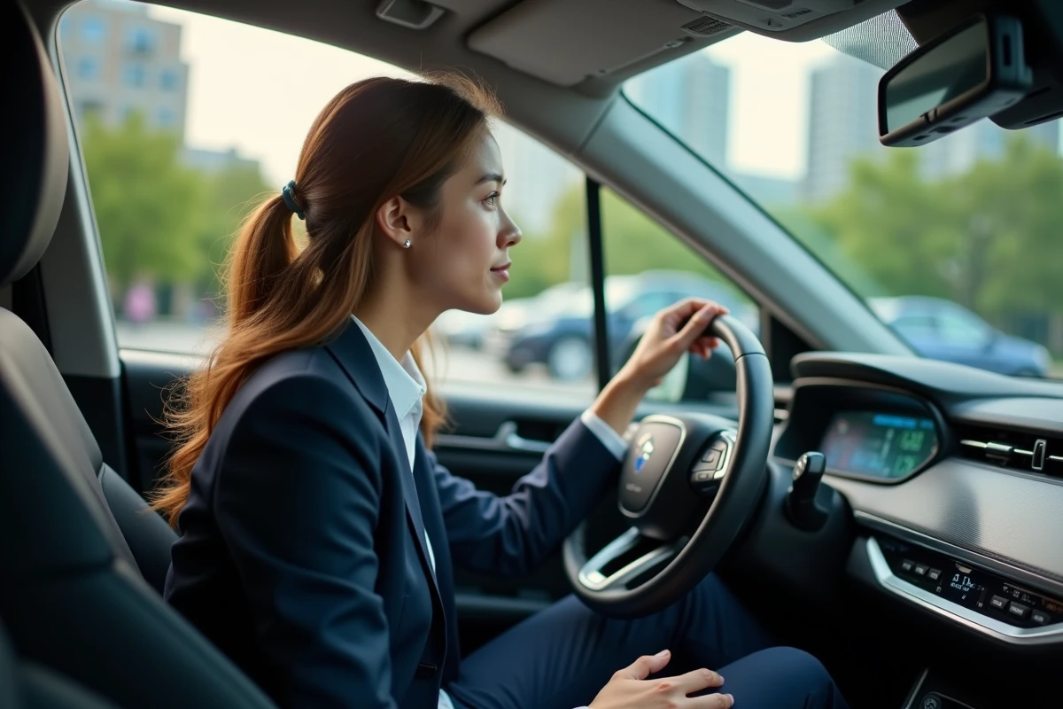 Jeune femme dans une voiture hybride en station de recharge