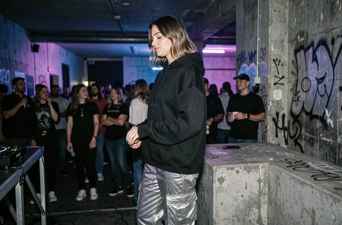 Jeune femme en tenue techno dans un club underground avec ambiance béton et lumières ultraviolettes