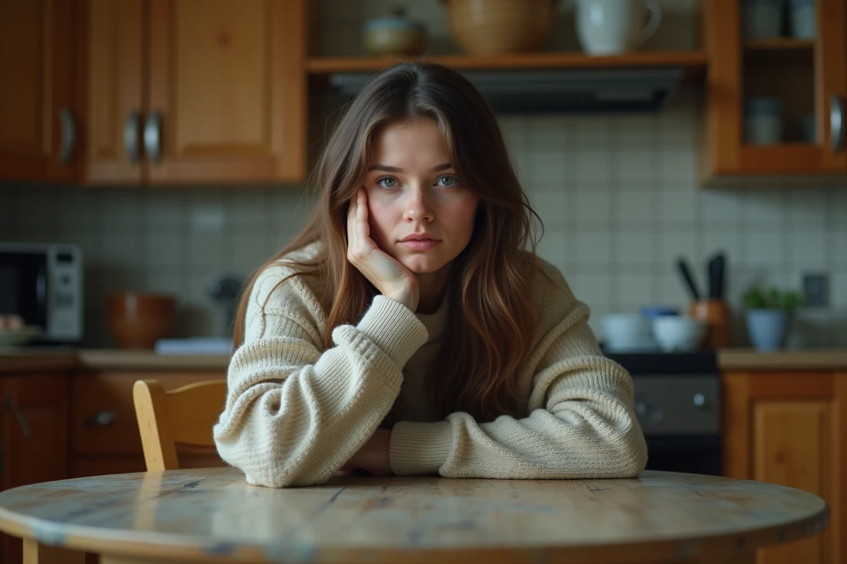 Jeune femme assise à la cuisine dans un moment de solitude