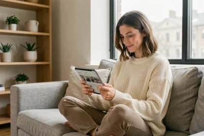 Femme parcourant une application de découverte de contenu sur une tablette dans un salon minimaliste