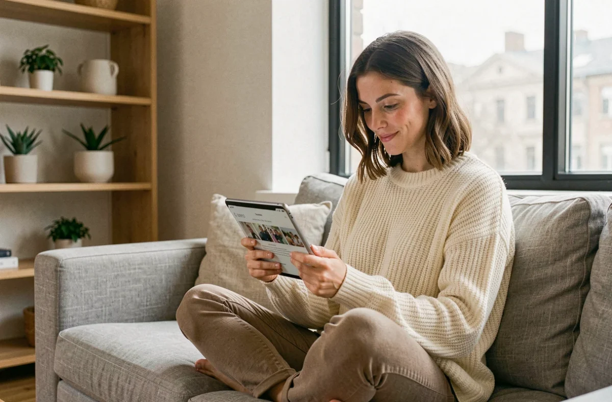 Femme parcourant une application de découverte de contenu sur une tablette dans un salon minimaliste