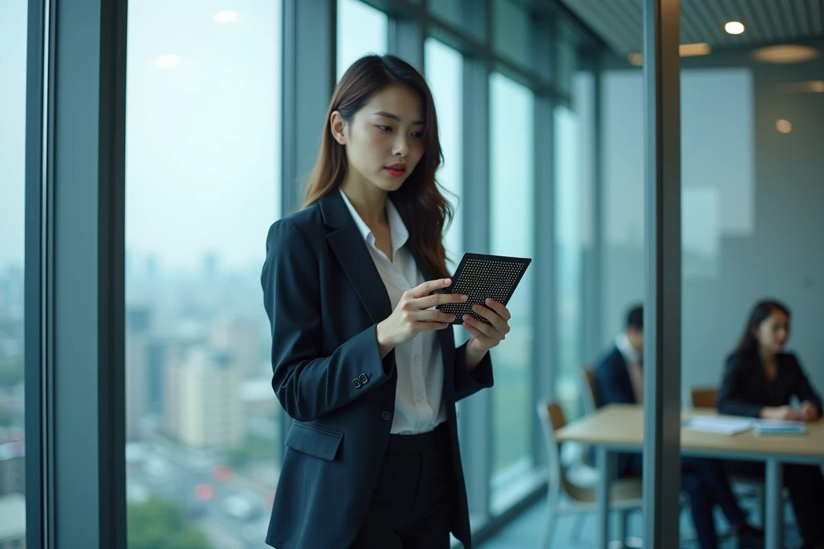 Jeune femme asiatique discutant avec un collègue en salle de réunion