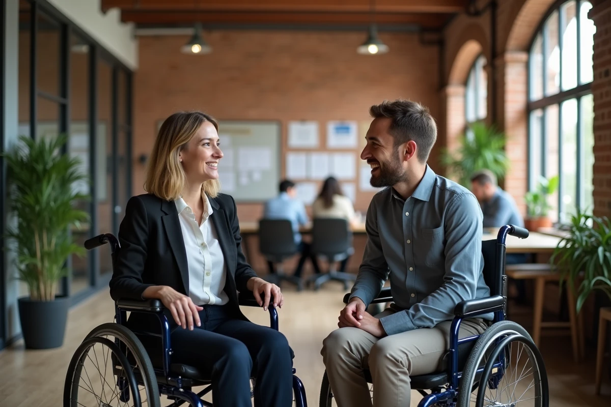 Femme en fauteuil discutant avec collègue dans espace de coworking
