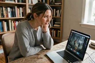 Femme hésitante devant un écran affichant un jeu vidéo Clair Obscur, réfléchissant à son achat