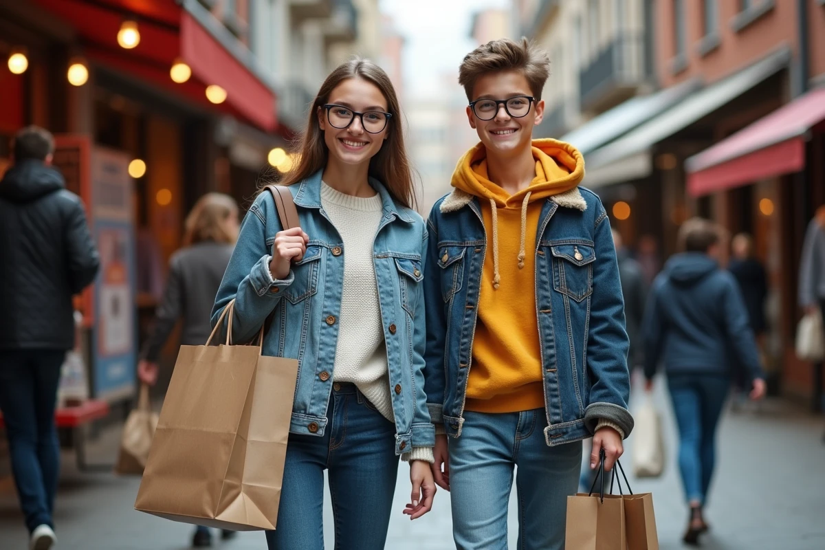 Femme et adolescent achetant des vêtements dans un marché urbain
