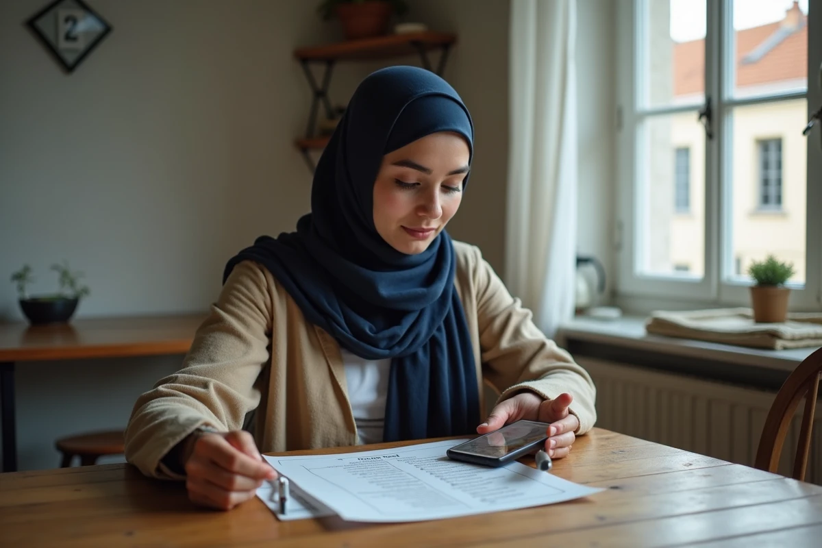 Femme musulmane consultant les horaires de prière sur une application et un calendrier imprimé à Roubaix