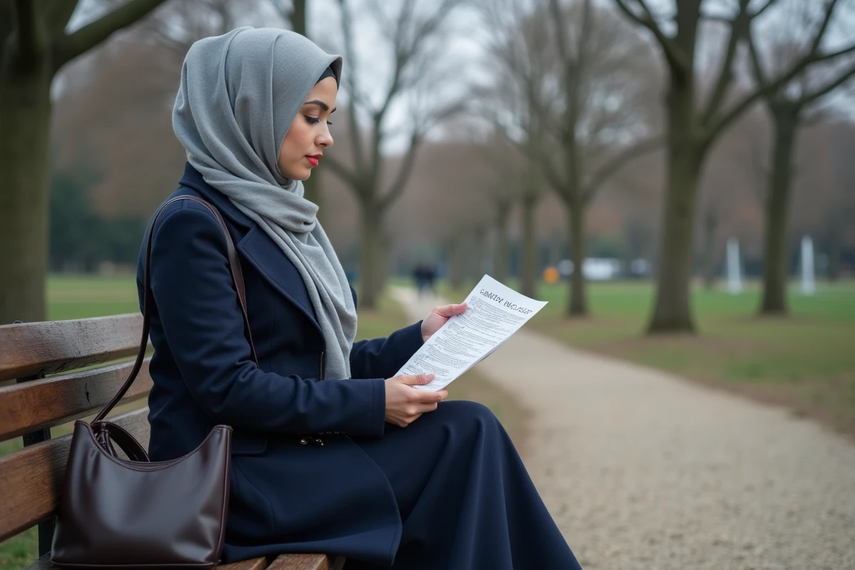 Jeune femme voilée consultant les horaires de prières dans un parc public d'Agen au printemps