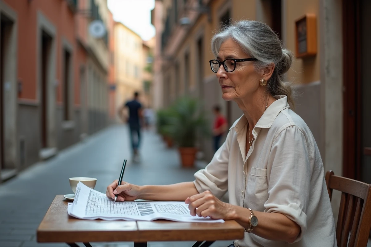 Femme italienne résolvant des mots croisés dans un café de ruelle avec un journal et un expresso