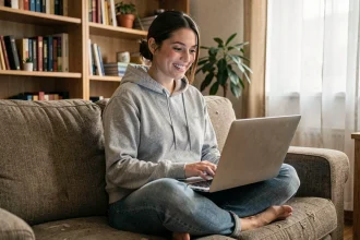 Jeune femme jouant à des jeux gratuits en ligne sur un ordinateur portable dans son salon