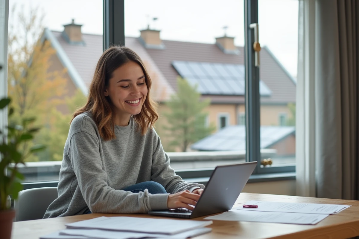 Jeune femme vérifiant des documents photovoltaïques à la maison