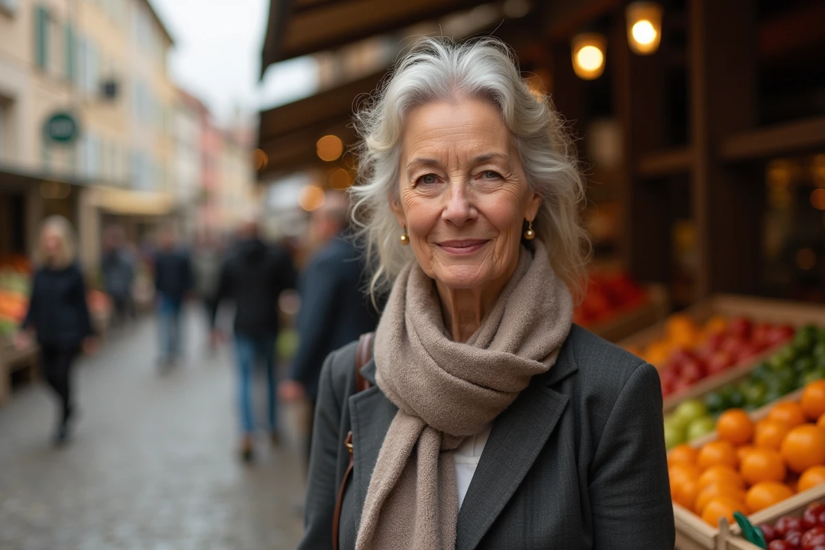Femme française choisissant des produits au marché en plein air