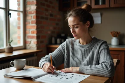 Femme résolvant des mots croisés avec une ville belge en 6 lettres dans un journal francophone