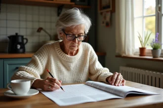 Femme aux cheveux argentés résolvant des mots fléchés dans une cuisine française chaleureuse avec un café et un magazine posé sur une table en bois