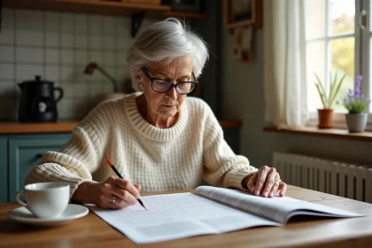 Femme aux cheveux argentés résolvant des mots fléchés dans une cuisine française chaleureuse avec un café et un magazine posé sur une table en bois