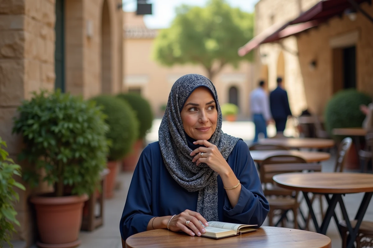 Femme musulmane assise dans un café en plein air en Tunisie