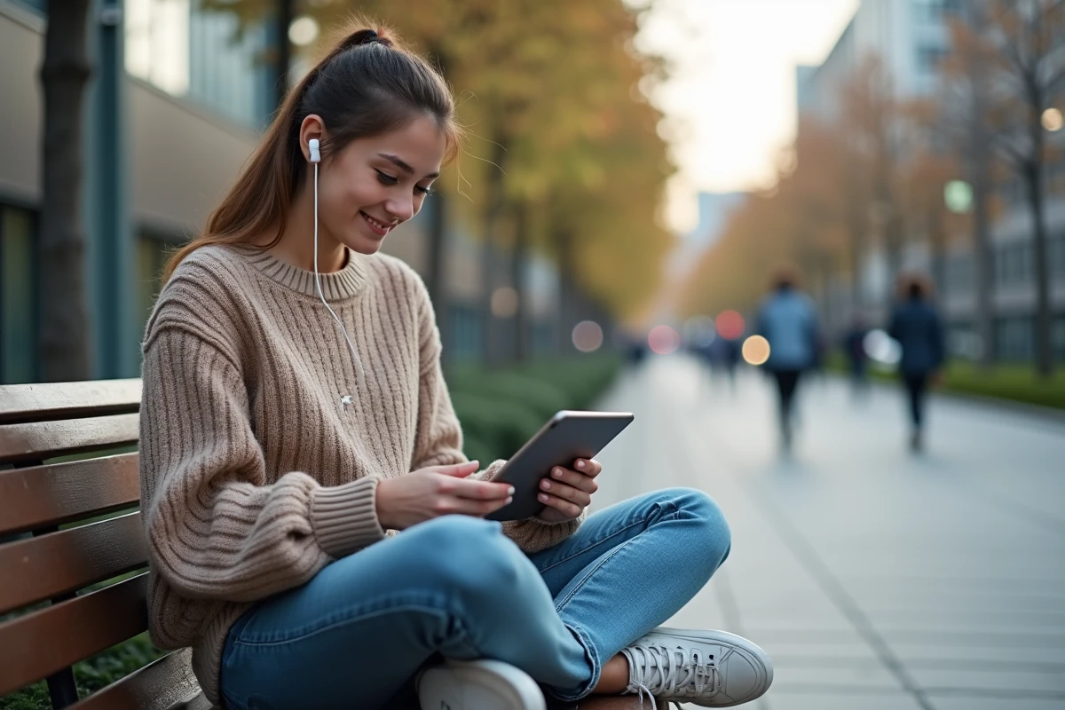 Jeune femme avec tablette dans un parc urbain