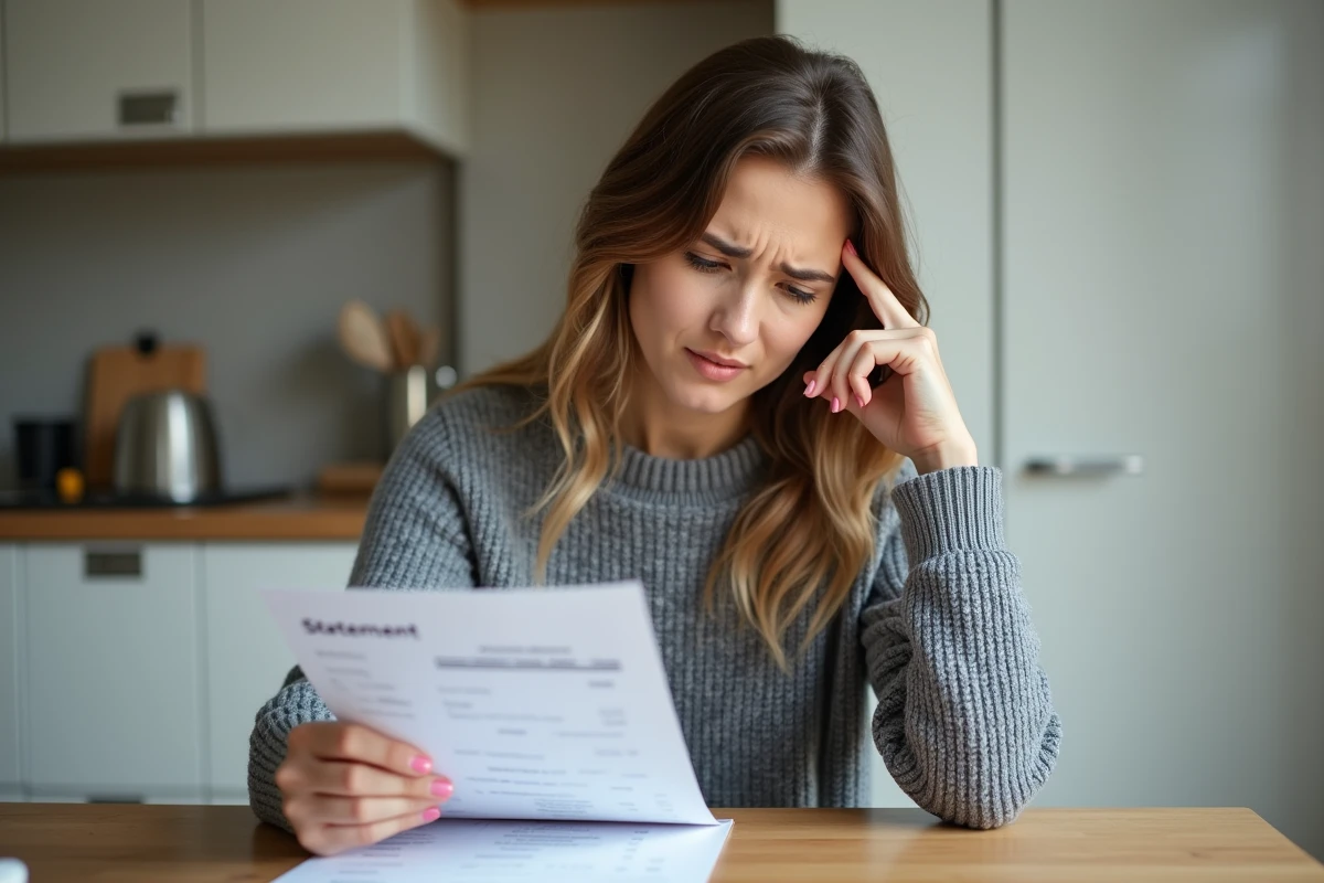 Femme frustrée examinant un relevé bancaire avec un prélèvement non souhaité après résiliation d'abonnement