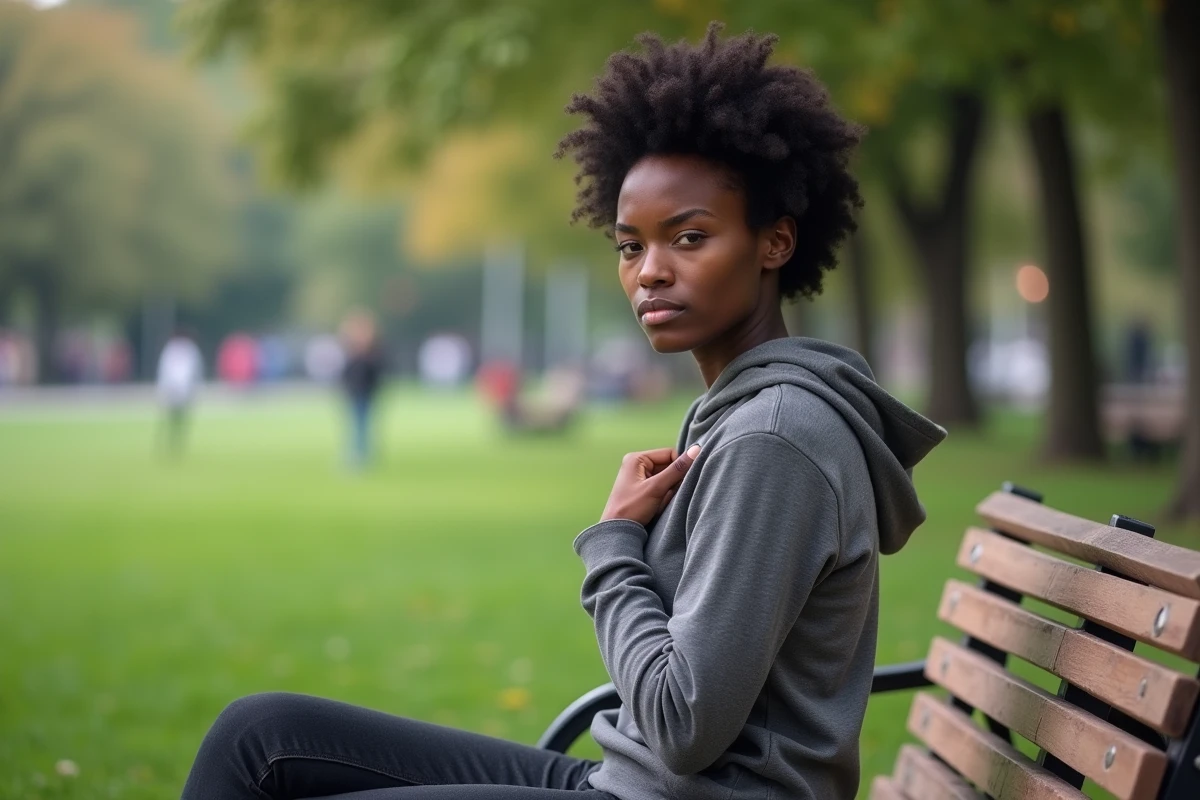 Jeune femme assise sur un banc dans un parc en difficulté respiratoire
