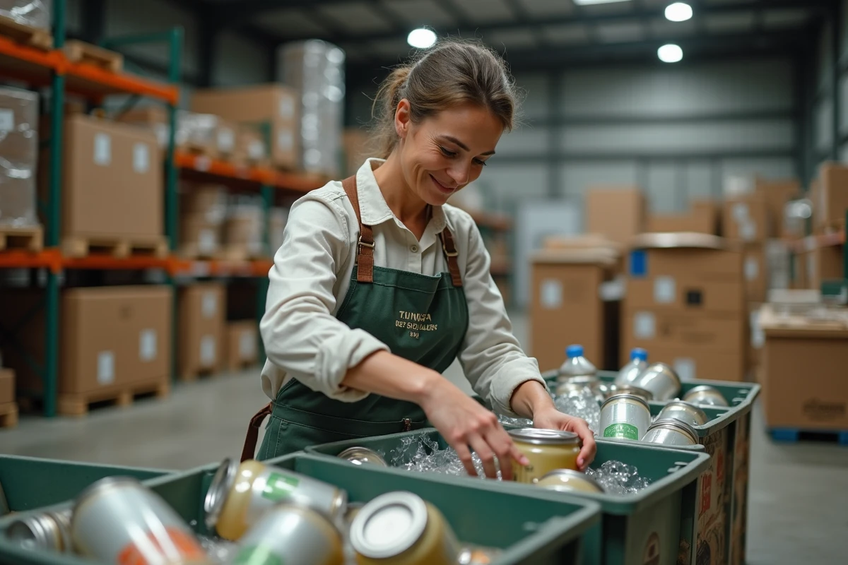 Femme triant des matériaux recyclables dans un atelier industriel