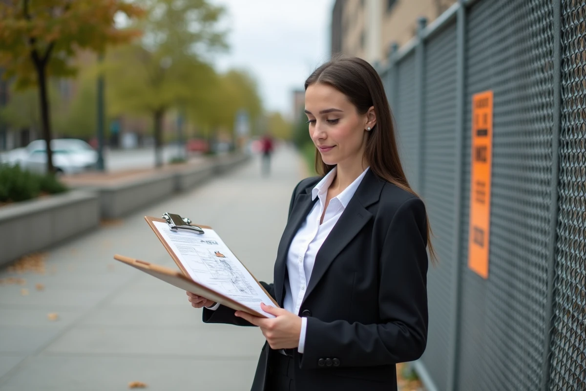 Jeune femme examinant un document de zonage en extérieur
